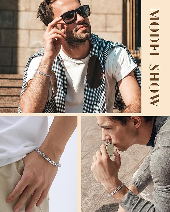 VNOX Link Chain Bracelets for Men - Cool Mens Bracelets Diamond-Cut Paperclip Solid Chain Bracelet Chunky Stainless Steel Jewelry Trendy Gifts
