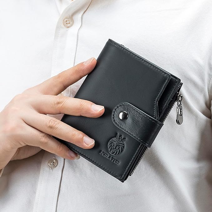 LUKZIJAES Genuine Leather Wallet for Men Vertical Model Large Capacity Card Case Purse Mens Vintage RFID Blocking with Zipper ID Window Coin Pocket (#6-Black)