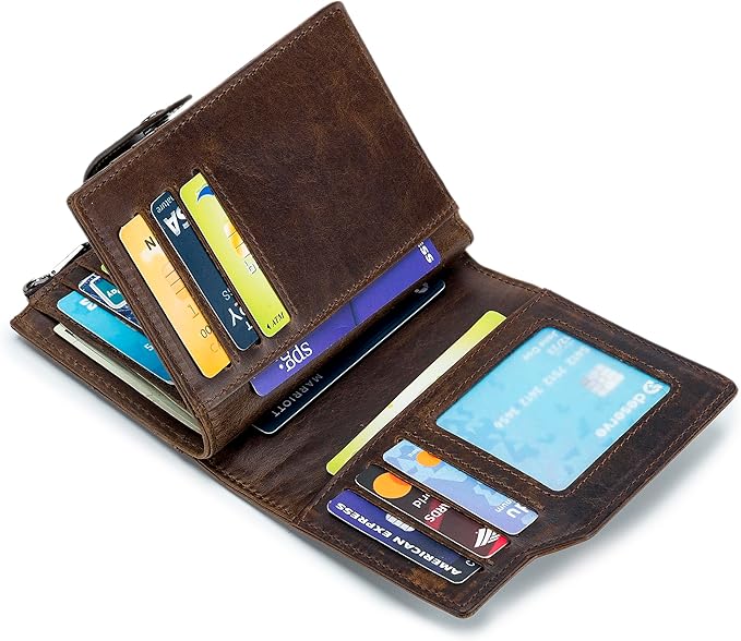 LUKZIJAES Genuine Leather Wallet for Men Vertical Model Large Capacity Card Case Purse Mens Vintage RFID Blocking with Zipper ID Window Coin Pocket (#6-Coffee)
