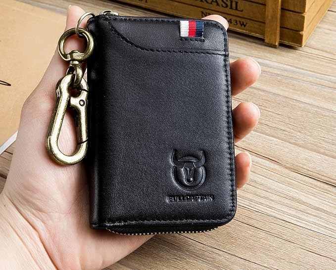 Men's Zipper Key Organizer Rfid Wallet with 6 Hooks Leather Key Holder Case (Black)