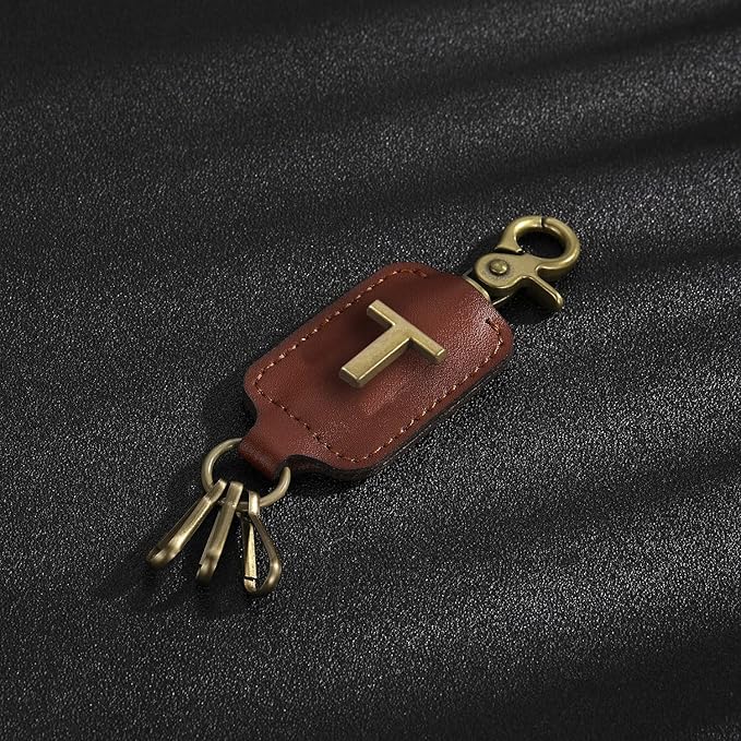 XGALBLA Initial Letter Brown Leather Alphabet Keychain with Easy Clasp, Key Car Bag Key Ring for Women & Men