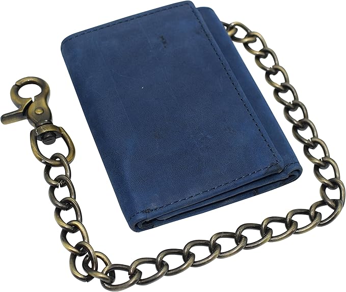 Men's RFID Blocking Trifold Vintage Leather Biker Chain Wallet With Snap Closure