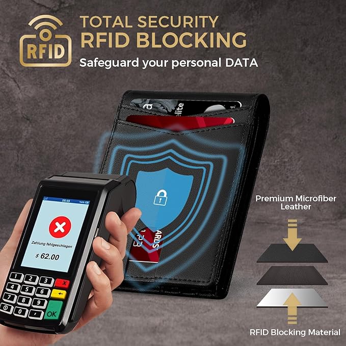 RUNBOX Wallet for Men Bifold RFID Blocking Wallets with 2 ID Window 14 Card Holders 1 cash pocket 1 Gift Box