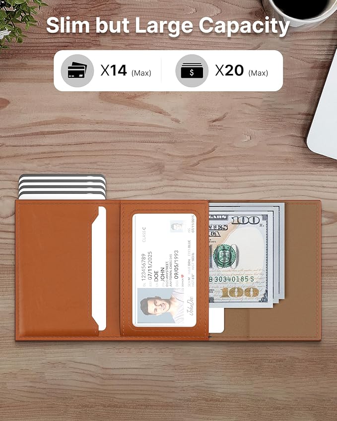 typecase Mens Wallet Card Holder: Pop Up Aluminum Case, Premium Genuine Leather, Smart, RFID Blocking, Slim, Minimalist, Front Pocket - 9-14 Card Capacity | ID Window | Cash Slot - Jet Brown