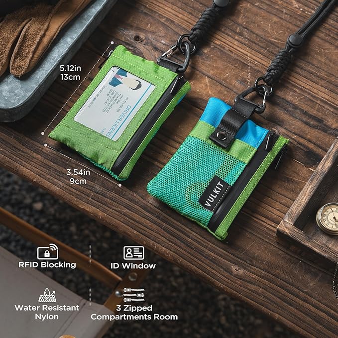 VULKIT Small Minimalist Wallet for Women and Men RFID Blocking, Zipper Coin Pouch with ID Window and Keychain, Water Resistant Travel Lanyard Wallet Green Blue