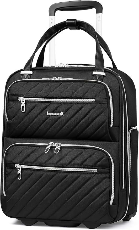 LUGGEX Underseat Carry On Luggage with Wheels, Stylish Lightweight Under Seat Luggage, Soft Sided Personal Item Suitcase for Short Trip (All Black, 16 Inch)