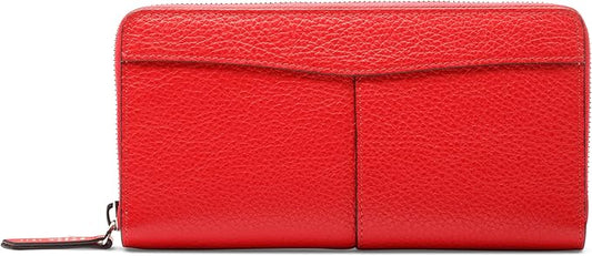 Bosca Womens Wallet - Slim Italian Leather Zip 8" Wallet For Women, Handmade in Italy - 12 Card Pockets, 2 Bill/Phone Pockets, Zipper Coin Pocket, Red