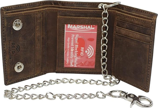 Men's RFID Blocking Trifold Vintage Leather Biker Chain Wallet With Snap Closure