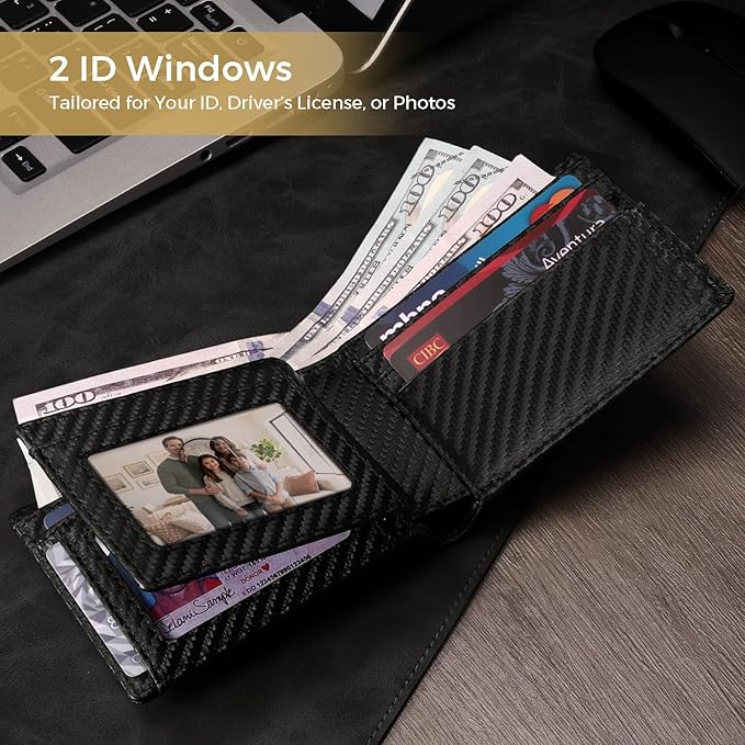 RUNBOX Wallet for Men Bifold RFID Blocking Wallets with 2 ID Window 14 Card Holders 1 cash pocket 1 Gift Box