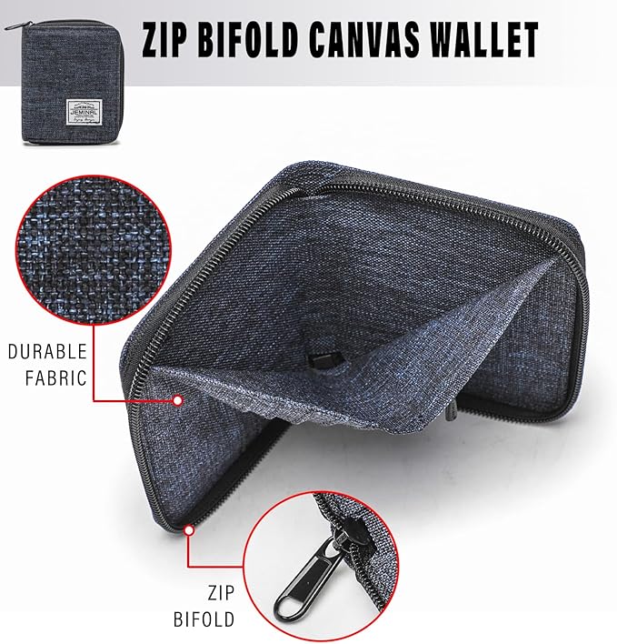 JEMINAL Zip Short Wallet for Men Women Travel Vertical Bifold Fabric Canvas Wallet with Card Case Women' Large Capacity Zip Wallet with Coin Purse Gifts for Men Him (Vertical-Blue)