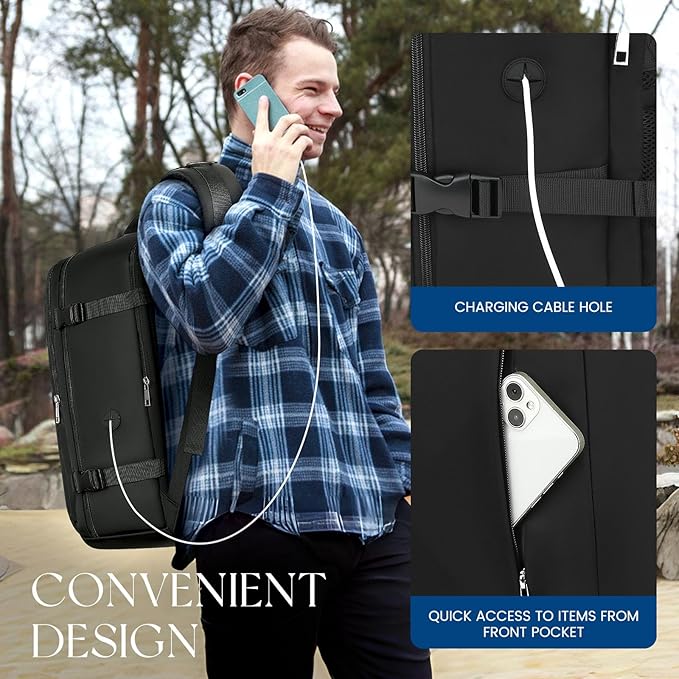 Large Travel Laptop Backpack, Carry on Backpack, 17.3 Inch Durable Business Work Sport Bag with USB Port, Water Resistant Rucksack Book Bag Gifts for Men Women, Black 22