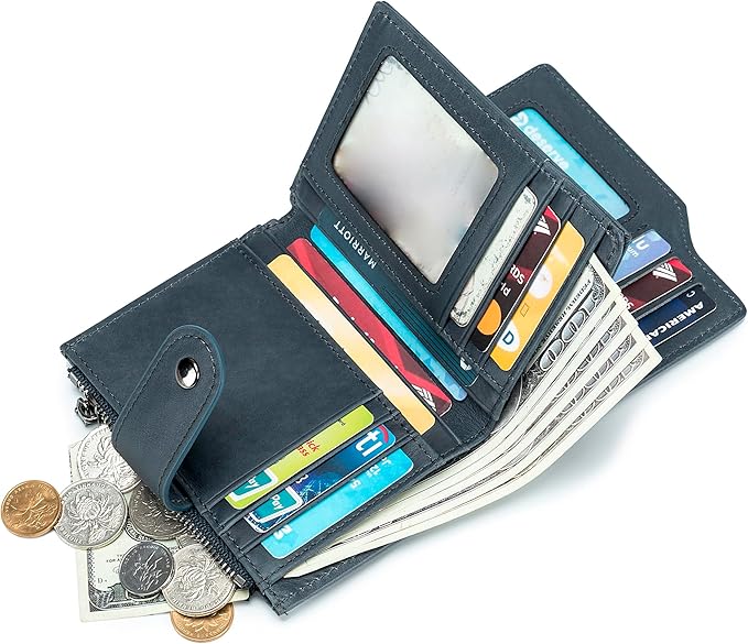 LUKZIJAES Genuine Leather Wallet for Men Vertical Model Large Capacity Card Case Purse Mens Vintage RFID Blocking with Zipper ID Window Coin Pocket (#6-Blue)