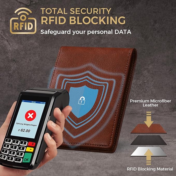 RUNBOX Wallet for Men Bifold RFID Blocking Wallets with 2 ID Window 14 Card Holders 1 cash pocket 1 Gift Box