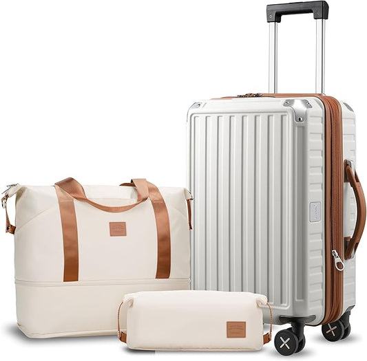 LUGGEX Carry On Luggage Sets 3 Piece, PC Expandable Hardshell Luggage with Spinner Wheels, White Brown