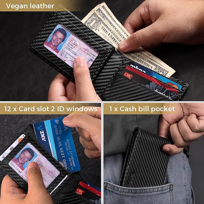 RUNBOX Wallet for Men Bifold RFID Blocking Wallets with 2 ID Window 14 Card Holders 1 cash pocket 1 Gift Box