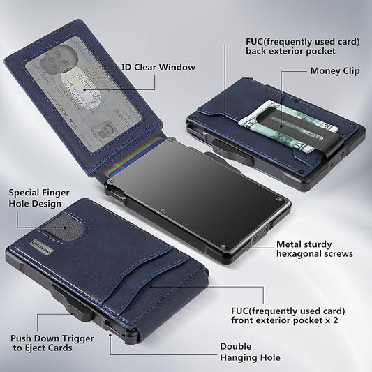 umoven Wallet for Men - with Money Clip Slim Leather Slots Credit Card Holder RFID Blocking Bifold Minimalist Wallet with Gift Box (Deep Blue)