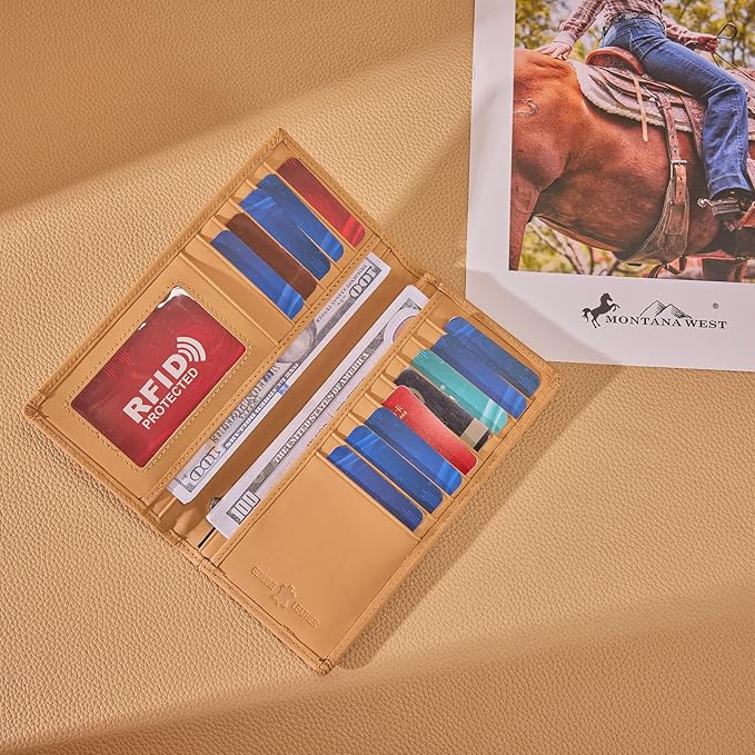 Montana West Wallet for Men Western Tooling Floral Leather Wallet Large Capacity Mens Slim Bifold Wallets with ID Window