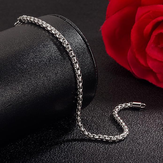 H&Beautimer Solid 925 Sterling Silver - Classic Men's 3MM Box Chain Bracelet - Original Silver Party Jewelry Bracelet 6.3-6.7-7-7.5-8-8.5-9'' - Handmade in Italy