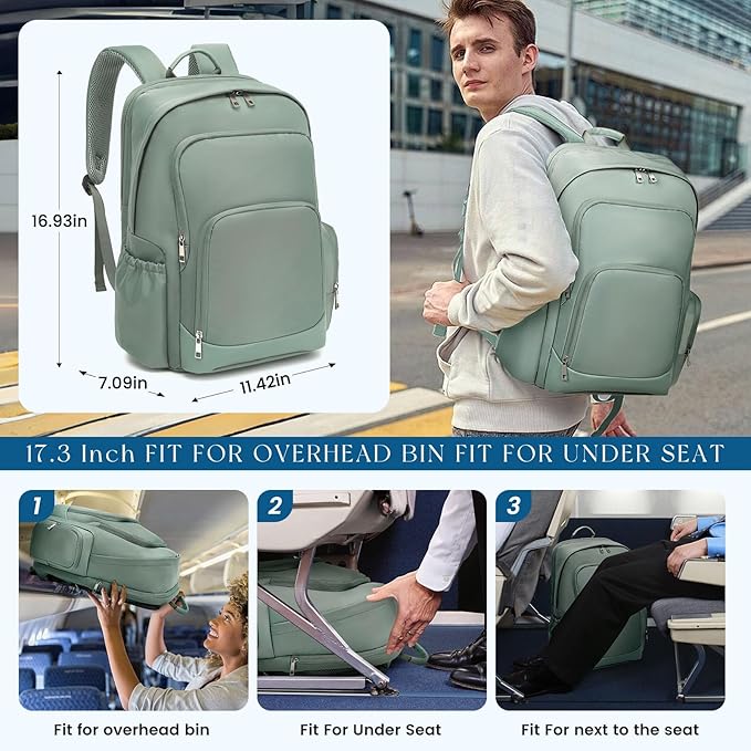 Large Travel Laptop Backpack, Carry on Backpack, 17.3 Inch Durable Business Work Sport Laptop Backpack with USB Port, Water Resistant Rucksack Book Bag Gifts for Men Women, Green