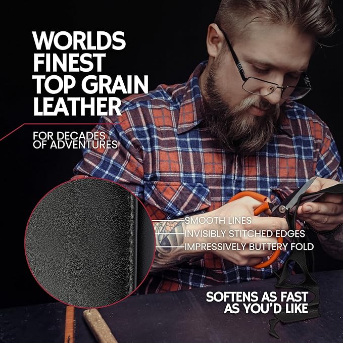 BULL GUARD RFID Leather Trifold Wallets for Men ID Window, Secret Pocket, Black