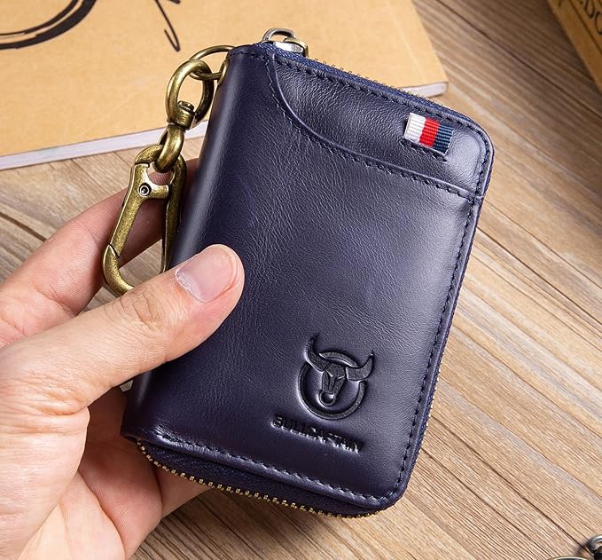 Men's Zipper Key Organizer Rfid Wallet with 6 Hooks Leather Key Holder Case (Blue)