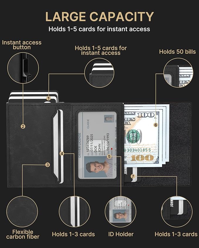 typecase Mens Wallet Card Holder: Pop Up Aluminum Case, Genuine Leather, Smart, RFID Blocking, Slim, Minimalist, Front Pocket - 9-14 Card Capacity | ID Window | Cash Slot - Oil Wax Black