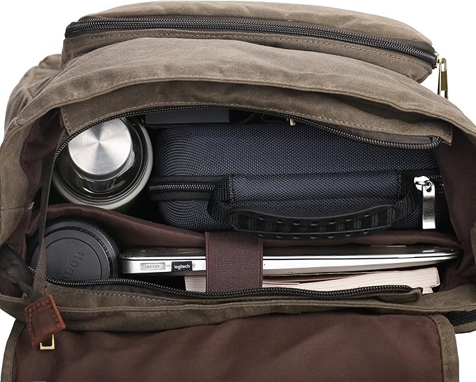 Waterproof Waxed Canvas Backpack for Men Travel Rucksack Leather Trimming (Green)