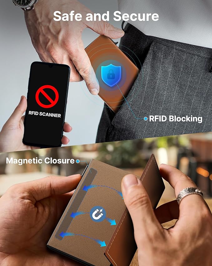 typecase Mens Wallet Card Holder: Pop Up Aluminum Case, Genuine Leather, Smart, RFID Blocking, Slim, Minimalist, Front Pocket - 9-14 Card Capacity | ID Window | Cash Slot (Oil Brown)