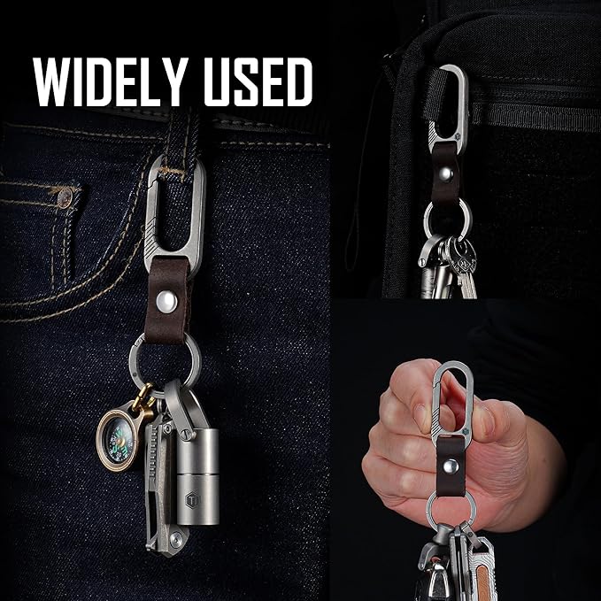 KeyUnity KM02 Titanium Belt Clip Carabiner Leather Keychain Holder with Removable Stainless Steel Key Ring