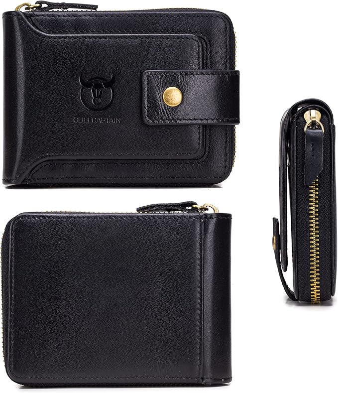 LUKZIJAES Genuine Leather Wallet for Men RFID Blocking Large Capacity Card Case with Zipper ID Window Coin Pocket (#2-Black)