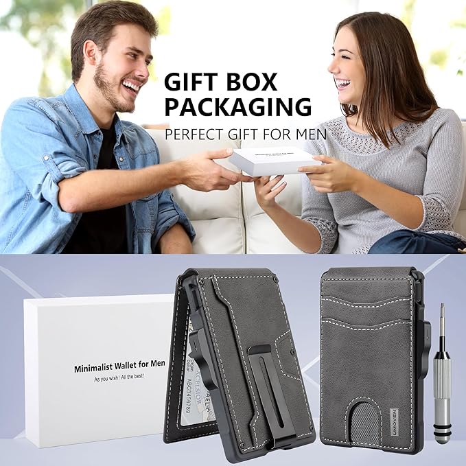 umoven Wallet for Men - with Money Clip Slim Leather Slots Credit Card Holder RFID Blocking Bifold Minimalist Wallet with Gift Box (Dark Gray)