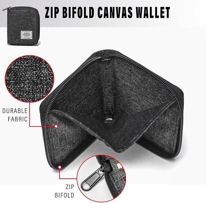 JEMINAL Zip Short Wallet for Men Women Travel Bifold Vertical Fabric Canvas Wallet with Card Case Women' Large Capacity Zip Wallet with Coin Purse Gifts for Men Him (Vertical-Black)