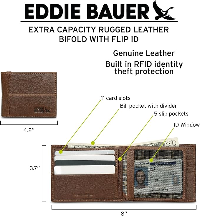 Eddie Bauer Men's Rugged Leather Bifold Wallet | Money Clip | RFID Protection | ID Window | Genuine Leather | EDC