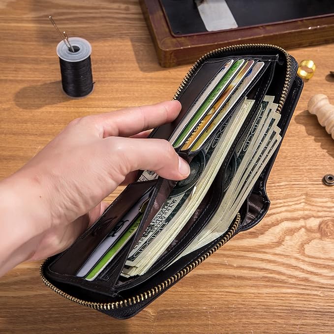 LUKZIJAES Genuine Leather Wallet for Men RFID Blocking Large Capacity Card Case with Zipper ID Window Coin Pocket (#2-Black)