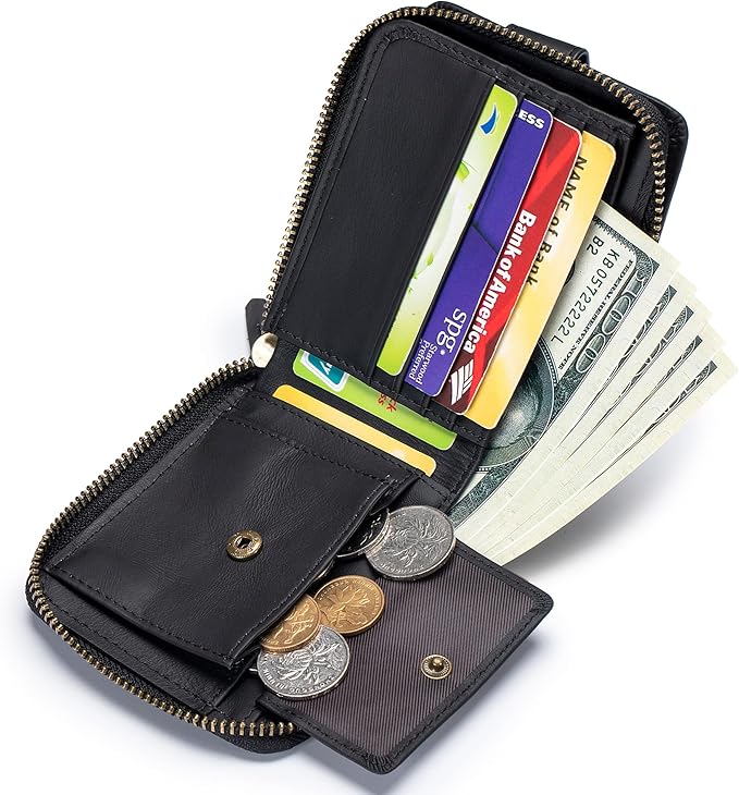 LUKZIJAES Genuine Leather Men's Wallets RFID Blocking Large Capacity Credit Card Vintage Wallet for Men with Coin Pocket Zipper ID Window (#9-Black)