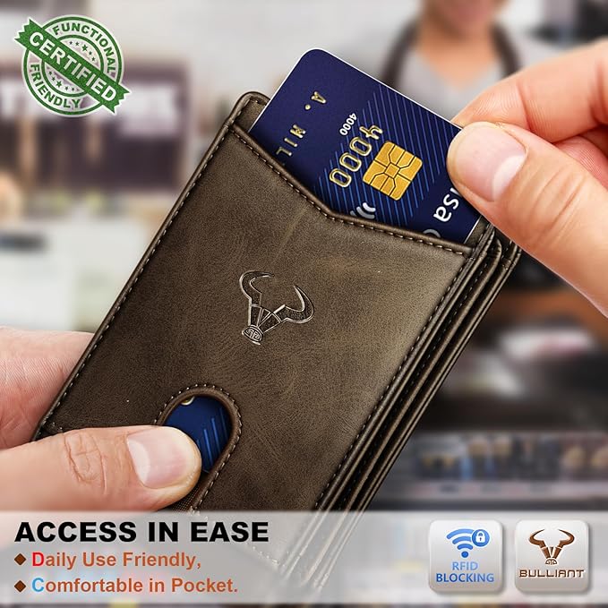 BULLIANT Men Wallet, Slim Leather Wallet Front Pocket Card Holder Gift For Men 11 Slots RFID Blocking