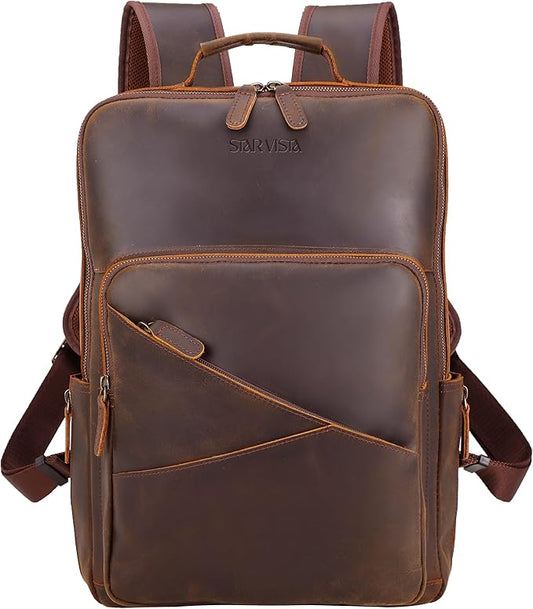 STAR VISTA 15.6" Trajan Vintage Full Grain Leather Laptop Backpack for Men, Multi Pockets, Casual Outdoor Business Travel Rucksack, YKK Zippers, Dark Brown