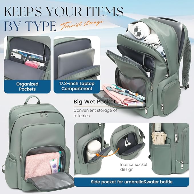 Large Travel Laptop Backpack, Carry on Backpack, 17.3 Inch Durable Business Work Sport Laptop Backpack with USB Port, Water Resistant Rucksack Book Bag Gifts for Men Women, Green