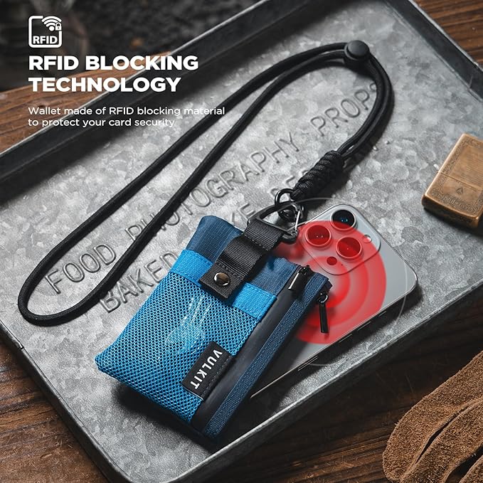 VULKIT Small Minimalist Wallet for Women and Men RFID Blocking, Zipper Coin Pouch with ID Window and Keychain, Water Resistant Travel Lanyard Wallet Blue