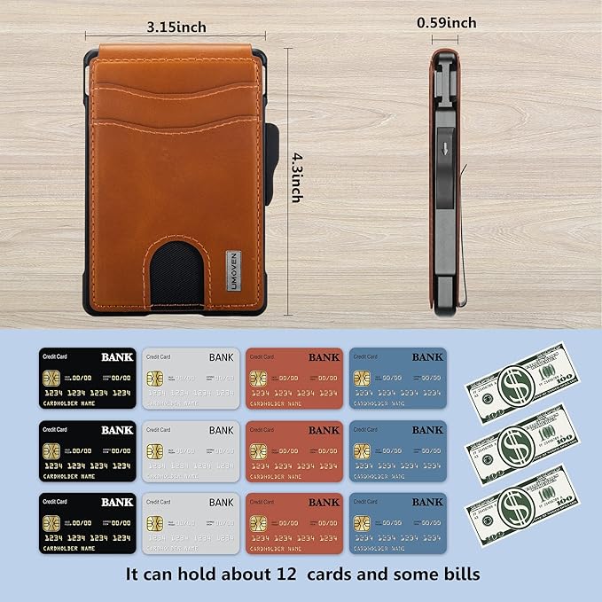 umoven Wallet for Men - with Money Clip Slim Leather Slots Credit Card Holder RFID Blocking Bifold Minimalist Wallet (Top Layer Leather-Sienna Brown)