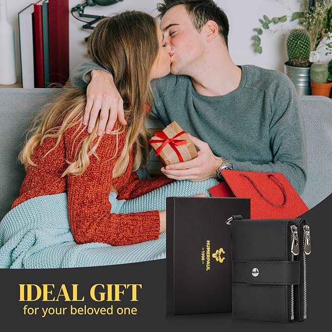 LAREET Mens Wallet with Chain, Genuine Leather Wallet RFID Blocking Bifold Purse Zipper Coin Pocket with Anti-Theft Chain