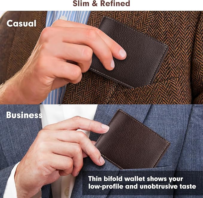 luseyfj Mens Slim Bifold Wallet with ID Clear Window & 6 Credit Card Slots, Minimalist Handmade Bifold Wallets for Men, Thin Card Credit Holder Wallet for Men - Slim & Stylish (Coffee)
