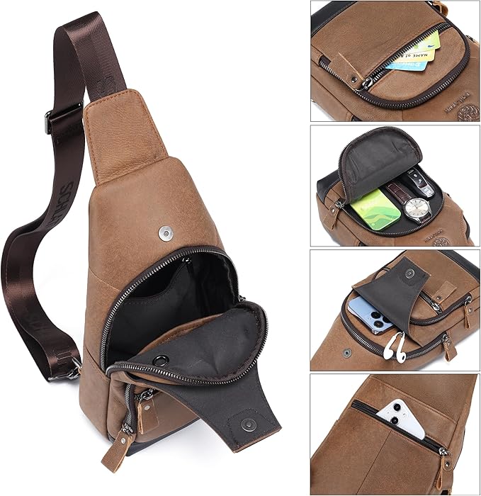 LUKZIJAES Genuine Leather Sling Bag for Men and Women Crossbody Shoulder Chest Pack Hiking Carry on Casual Daypack Outdoor Travel Backpack (#1-Brown)