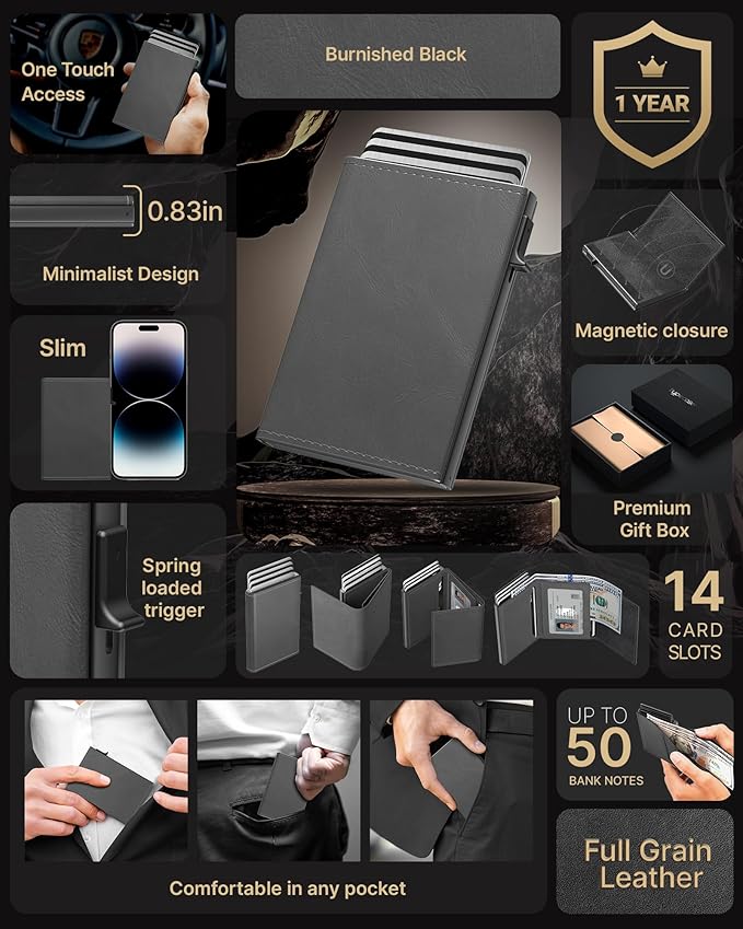 typecase Mens Wallet Card Holder: Pop Up Aluminum Case, Carbon Fiber Leather, Smart, RFID Blocking, Slim, Minimalist, Front Pocket - 9-14 Card Capacity | ID Window | Cash Slot(Grey)