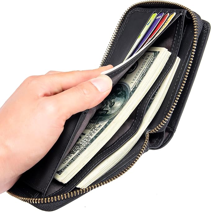 LUKZIJAES Genuine Leather Men's Wallets RFID Blocking Large Capacity Credit Card Vintage Wallet for Men with Coin Pocket Zipper ID Window (#9-Black)