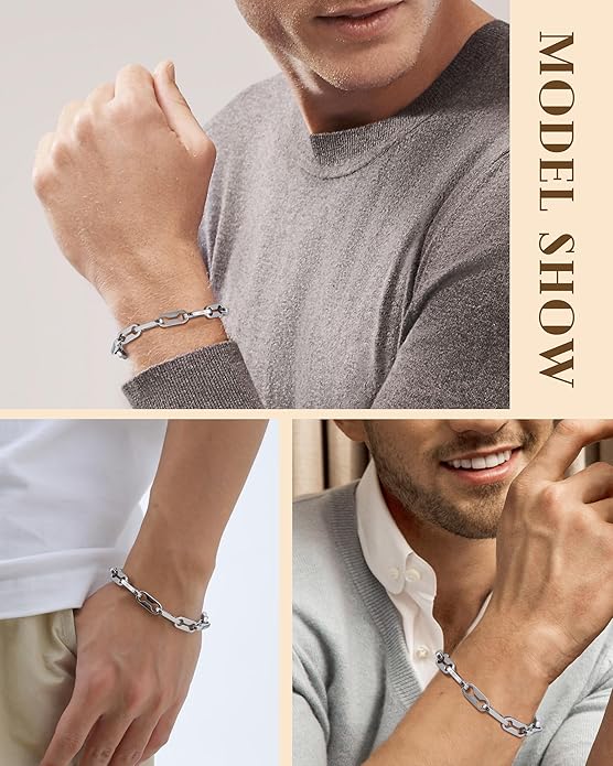 VNOX Link Chain Bracelets for Men - Cool Mens Bracelets Diamond-Cut Paperclip Solid Chain Bracelet Chunky Stainless Steel Jewelry Trendy Gifts