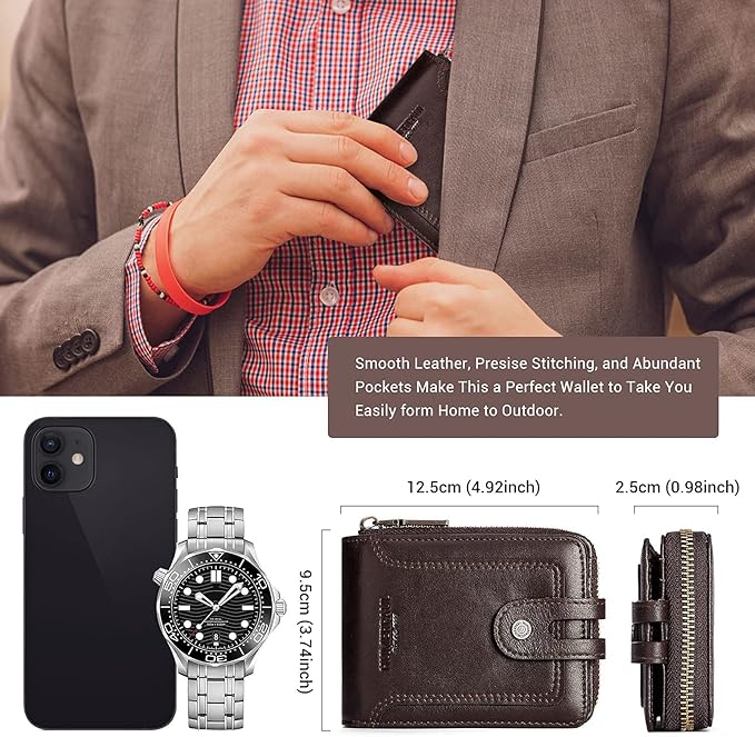 gzcz Zipper Wallet For Men Genuine Leather RFID Blocking Bifold Wallet for ID Window, Zip Coin Pocket and Credit Card Holders Large Capacity (Coffee)