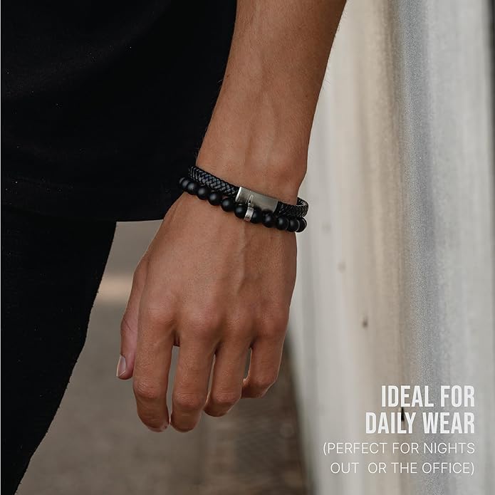 LUXAR Men’s Black Onyx Stone Bead Bracelets | Matte Black 8mm Stone | Minimalist, Designer Jewelry for Men