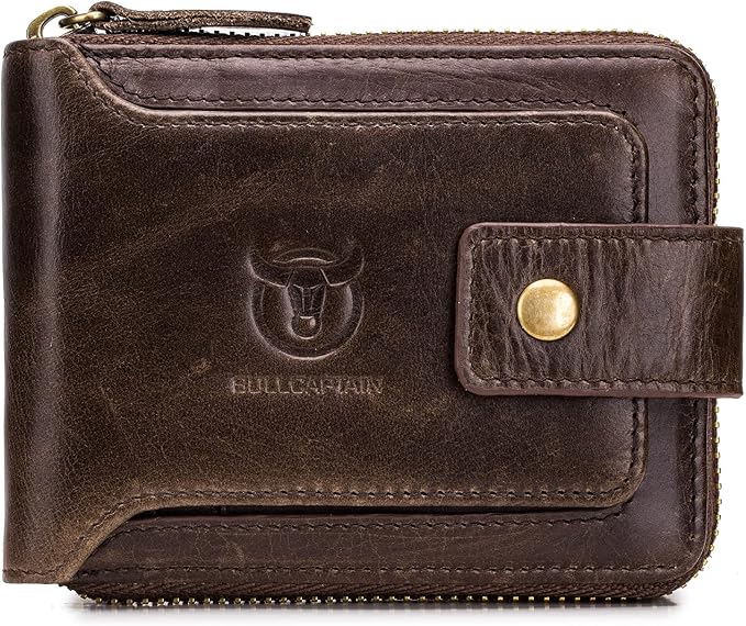 LUKZIJAES Genuine Leather Wallet for Men RFID Blocking Large Capacity Card Case with Zipper ID Window Coin Pocket (#2-Coffee)