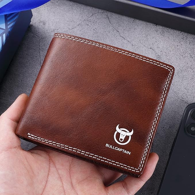 LUKZIJAES Genuine Leather Wallet for Men RFID Blocking Slim Bifold Front Pocket Wallets with 2 ID Window (#3-Coffee)